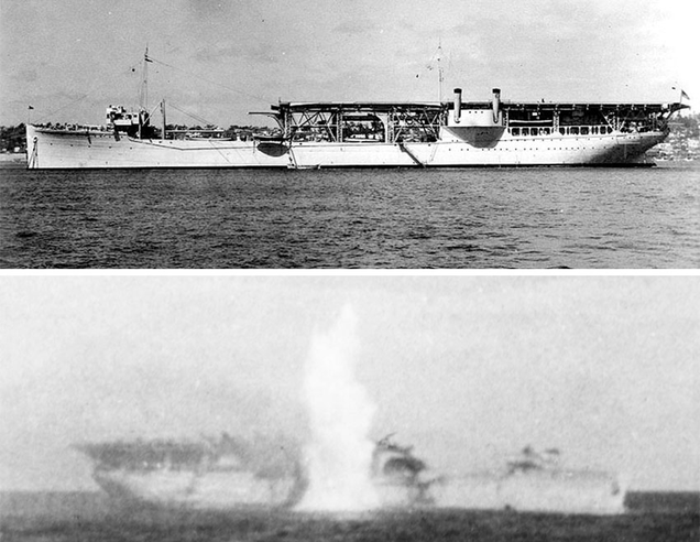 Top: Langley in 1937 following her conversion to seaplane tender. Bottom: a torpedo strikes Langley as she is scuttled in 1942. (US Navy)